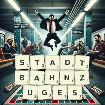 Kreative Illustration für ein Scrabble-Spiel, bei dem das Wort STADTBAHNZUGES mit Steinen auf dem Brett gelegt wurde.