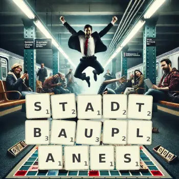 Kreative Illustration für ein Scrabble-Spiel, bei dem das Wort STADTBAUPLANES mit Steinen auf dem Brett gelegt wurde.