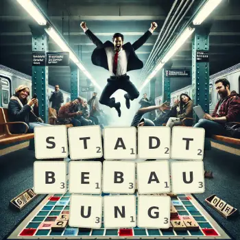 Kreative Illustration für ein Scrabble-Spiel, bei dem das Wort STADTBEBAUUNG mit Steinen auf dem Brett gelegt wurde.