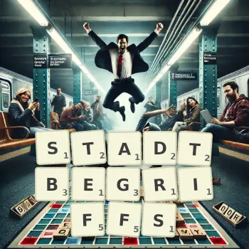 Kreative Illustration für ein Scrabble-Spiel, bei dem das Wort STADTBEGRIFFS mit Steinen auf dem Brett gelegt wurde.
