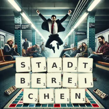 Kreative Illustration für ein Scrabble-Spiel, bei dem das Wort STADTBEREICHEN mit Steinen auf dem Brett gelegt wurde.