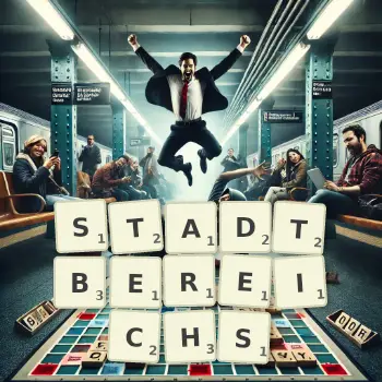 Kreative Illustration für ein Scrabble-Spiel, bei dem das Wort STADTBEREICHS mit Steinen auf dem Brett gelegt wurde.