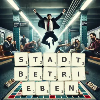 Kreative Illustration für ein Scrabble-Spiel, bei dem das Wort STADTBETRIEBEN mit Steinen auf dem Brett gelegt wurde.