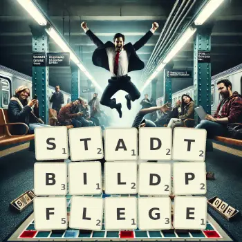 Kreative Illustration für ein Scrabble-Spiel, bei dem das Wort STADTBILDPFLEGE mit Steinen auf dem Brett gelegt wurde.