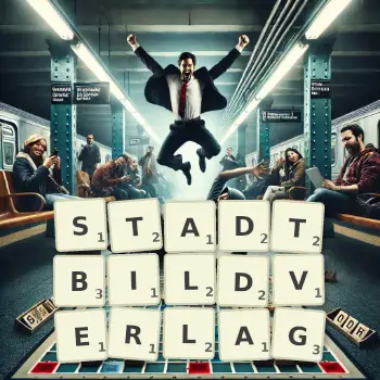 Kreative Illustration für ein Scrabble-Spiel, bei dem das Wort STADTBILDVERLAG mit Steinen auf dem Brett gelegt wurde.