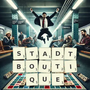 Kreative Illustration für ein Scrabble-Spiel, bei dem das Wort STADTBOUTIQUE mit Steinen auf dem Brett gelegt wurde.