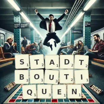 Kreative Illustration für ein Scrabble-Spiel, bei dem das Wort STADTBOUTIQUEN mit Steinen auf dem Brett gelegt wurde.