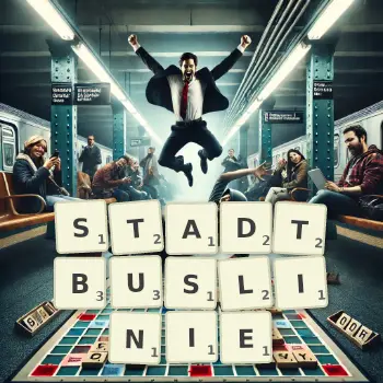 Kreative Illustration für ein Scrabble-Spiel, bei dem das Wort STADTBUSLINIE mit Steinen auf dem Brett gelegt wurde.