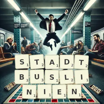 Kreative Illustration für ein Scrabble-Spiel, bei dem das Wort STADTBUSLINIEN mit Steinen auf dem Brett gelegt wurde.