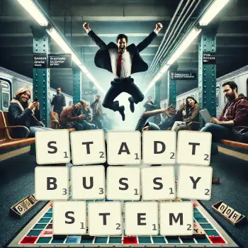 Kreative Illustration für ein Scrabble-Spiel, bei dem das Wort STADTBUSSYSTEM mit Steinen auf dem Brett gelegt wurde.