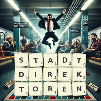 Kreative Illustration für ein Scrabble-Spiel, bei dem das Wort STADTDIREKTOREN mit Steinen auf dem Brett gelegt wurde.