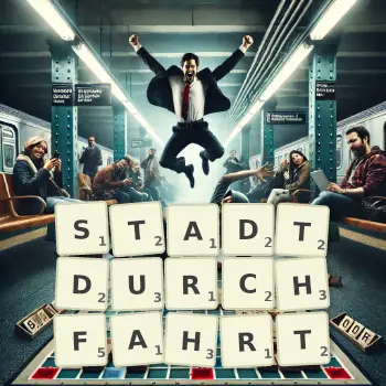 Kreative Illustration für ein Scrabble-Spiel, bei dem das Wort STADTDURCHFAHRT mit Steinen auf dem Brett gelegt wurde.