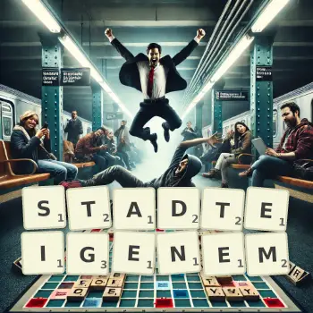 Kreative Illustration für ein Scrabble-Spiel, bei dem das Wort STADTEIGENEM mit Steinen auf dem Brett gelegt wurde.