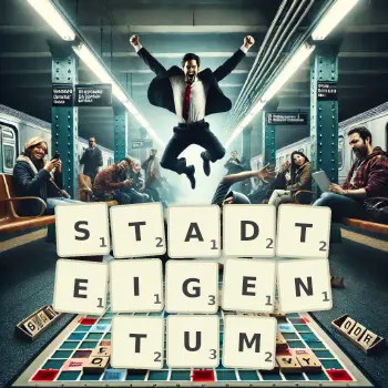 Kreative Illustration für ein Scrabble-Spiel, bei dem das Wort STADTEIGENTUM mit Steinen auf dem Brett gelegt wurde.