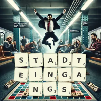 Kreative Illustration für ein Scrabble-Spiel, bei dem das Wort STADTEINGANGS mit Steinen auf dem Brett gelegt wurde.