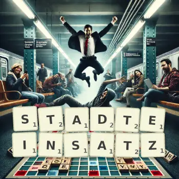 Kreative Illustration für ein Scrabble-Spiel, bei dem das Wort STADTEINSATZ mit Steinen auf dem Brett gelegt wurde.