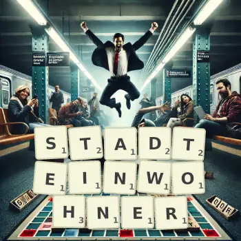 Kreative Illustration für ein Scrabble-Spiel, bei dem das Wort STADTEINWOHNER mit Steinen auf dem Brett gelegt wurde.
