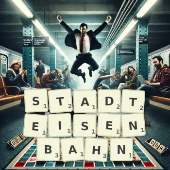 Kreative Illustration für ein Scrabble-Spiel, bei dem das Wort STADTEISENBAHN mit Steinen auf dem Brett gelegt wurde.
