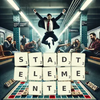 Kreative Illustration für ein Scrabble-Spiel, bei dem das Wort STADTELEMENTE mit Steinen auf dem Brett gelegt wurde.