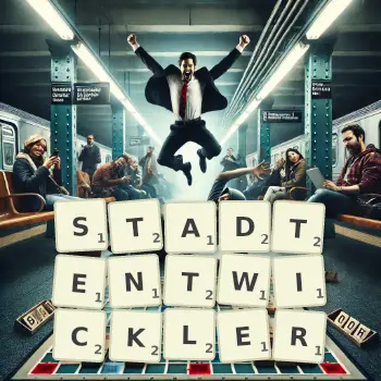 Kreative Illustration für ein Scrabble-Spiel, bei dem das Wort STADTENTWICKLER mit Steinen auf dem Brett gelegt wurde.