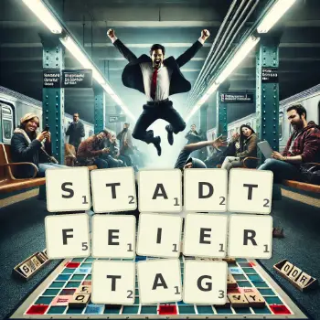 Kreative Illustration für ein Scrabble-Spiel, bei dem das Wort STADTFEIERTAG mit Steinen auf dem Brett gelegt wurde.