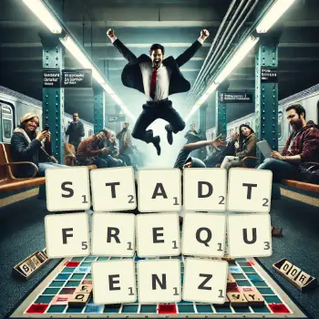 Kreative Illustration für ein Scrabble-Spiel, bei dem das Wort STADTFREQUENZ mit Steinen auf dem Brett gelegt wurde.