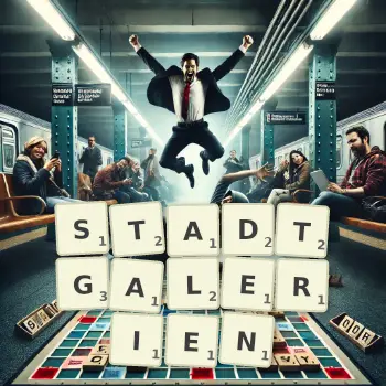Kreative Illustration für ein Scrabble-Spiel, bei dem das Wort STADTGALERIEN mit Steinen auf dem Brett gelegt wurde.