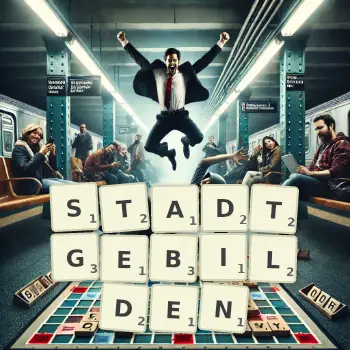 Kreative Illustration für ein Scrabble-Spiel, bei dem das Wort STADTGEBILDEN mit Steinen auf dem Brett gelegt wurde.