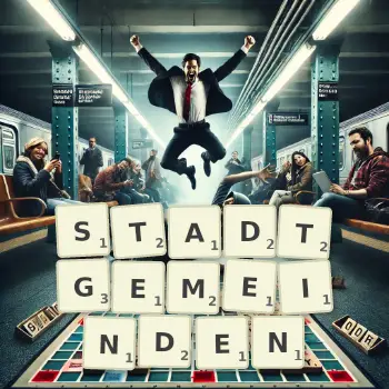 Kreative Illustration für ein Scrabble-Spiel, bei dem das Wort STADTGEMEINDEN mit Steinen auf dem Brett gelegt wurde.