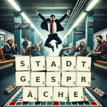 Kreative Illustration für ein Scrabble-Spiel, bei dem das Wort STADTGESPRÄCHE mit Steinen auf dem Brett gelegt wurde.