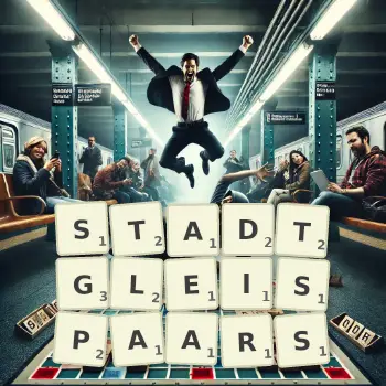 Kreative Illustration für ein Scrabble-Spiel, bei dem das Wort STADTGLEISPAARS mit Steinen auf dem Brett gelegt wurde.