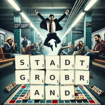 Kreative Illustration für ein Scrabble-Spiel, bei dem das Wort STADTGROBRAND mit Steinen auf dem Brett gelegt wurde.