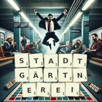 Kreative Illustration für ein Scrabble-Spiel, bei dem das Wort STADTGÄRTNEREI mit Steinen auf dem Brett gelegt wurde.