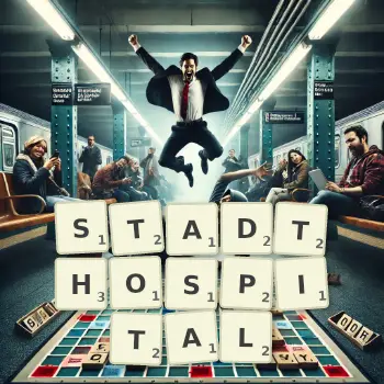 Kreative Illustration für ein Scrabble-Spiel, bei dem das Wort STADTHOSPITAL mit Steinen auf dem Brett gelegt wurde.