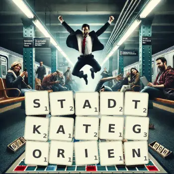 Kreative Illustration für ein Scrabble-Spiel, bei dem das Wort STADTKATEGORIEN mit Steinen auf dem Brett gelegt wurde.
