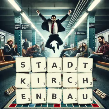 Kreative Illustration für ein Scrabble-Spiel, bei dem das Wort STADTKIRCHENBAU mit Steinen auf dem Brett gelegt wurde.