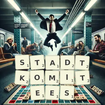 Kreative Illustration für ein Scrabble-Spiel, bei dem das Wort STADTKOMITEES mit Steinen auf dem Brett gelegt wurde.