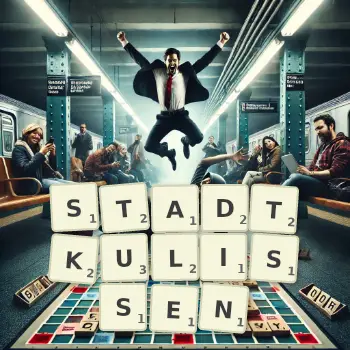 Kreative Illustration für ein Scrabble-Spiel, bei dem das Wort STADTKULISSEN mit Steinen auf dem Brett gelegt wurde.