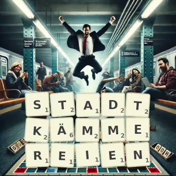 Kreative Illustration für ein Scrabble-Spiel, bei dem das Wort STADTKÄMMEREIEN mit Steinen auf dem Brett gelegt wurde.