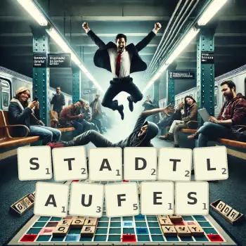 Kreative Illustration für ein Scrabble-Spiel, bei dem das Wort STADTLAUFES mit Steinen auf dem Brett gelegt wurde.