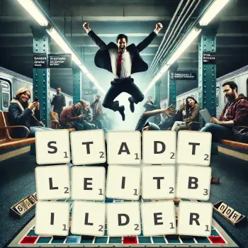 Kreative Illustration für ein Scrabble-Spiel, bei dem das Wort STADTLEITBILDER mit Steinen auf dem Brett gelegt wurde.