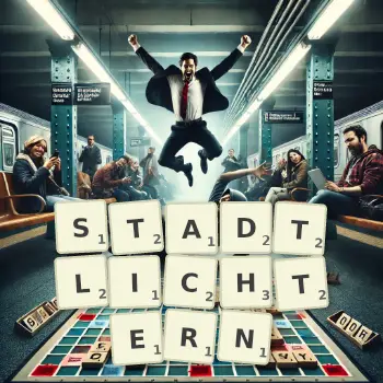 Kreative Illustration für ein Scrabble-Spiel, bei dem das Wort STADTLICHTERN mit Steinen auf dem Brett gelegt wurde.