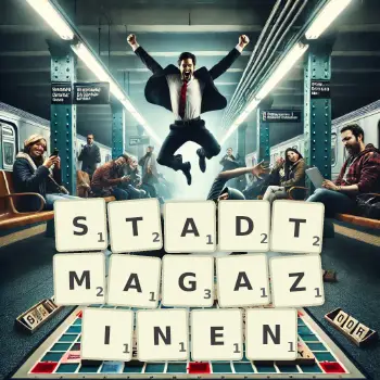 Kreative Illustration für ein Scrabble-Spiel, bei dem das Wort STADTMAGAZINEN mit Steinen auf dem Brett gelegt wurde.