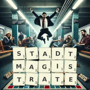 Kreative Illustration für ein Scrabble-Spiel, bei dem das Wort STADTMAGISTRATE mit Steinen auf dem Brett gelegt wurde.