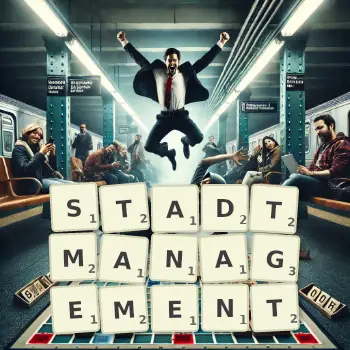 Kreative Illustration für ein Scrabble-Spiel, bei dem das Wort STADTMANAGEMENT mit Steinen auf dem Brett gelegt wurde.