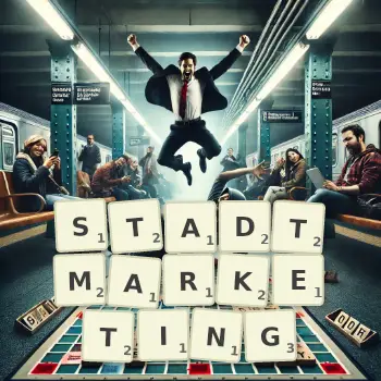 Kreative Illustration für ein Scrabble-Spiel, bei dem das Wort STADTMARKETING mit Steinen auf dem Brett gelegt wurde.
