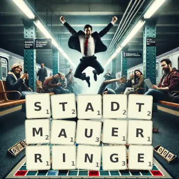 Kreative Illustration für ein Scrabble-Spiel, bei dem das Wort STADTMAUERRINGE mit Steinen auf dem Brett gelegt wurde.