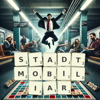 Kreative Illustration für ein Scrabble-Spiel, bei dem das Wort STADTMOBILIAR mit Steinen auf dem Brett gelegt wurde.