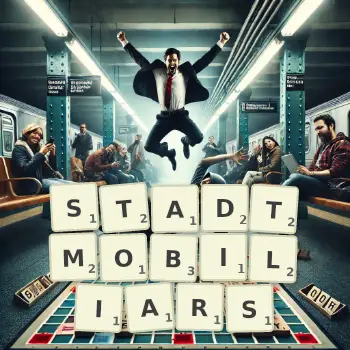 Kreative Illustration für ein Scrabble-Spiel, bei dem das Wort STADTMOBILIARS mit Steinen auf dem Brett gelegt wurde.