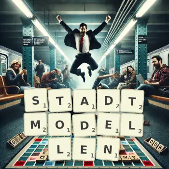 Kreative Illustration für ein Scrabble-Spiel, bei dem das Wort STADTMODELLEN mit Steinen auf dem Brett gelegt wurde.